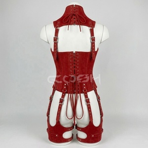 Corset sous-poitrine en cuir suédé rouge à baleines en acier avec ensembles de harnais - Product Image 4