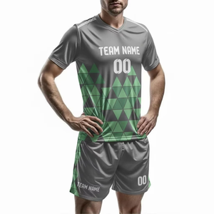 Custom Men Soccer Jersey Gray Green Geometric Sublimated Print Moisture Wicking Polyester V-Neck Short Sleeve <b>Athletic</b> Fit - Product Image 1