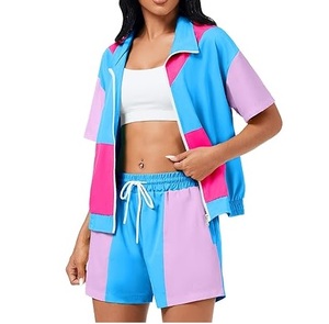 RABUSH SPORTS Wholesale High Quality Nylon Windbreaker Short Set Custom Printed Patchwork Color Block Casual Streetwear - Product Image 1