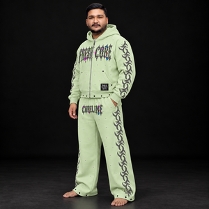Ensemble de survêtement pour homme avec graphisme personnalisé, en molleton French Terry, à capuche zippée, pantalon large, strass, impression DTF personnalisée, vêtements streetwear - Product Image 2