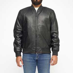 Blouson bomber en simili cuir perforé noir pour homme avec fermeture éclair - Product Image 3