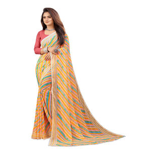 Saree imprimé georgette tendance avec chemisier non cousu Moutarde - Product Image 1