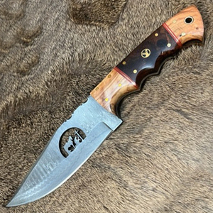 Cuchillo de caza OEM Wirecut de acero de Damasco, cuchillo Skinner con mango de madera, hoja fija para camping, cuchillo EDC para exteriores con funda de cuero - Product Image 1