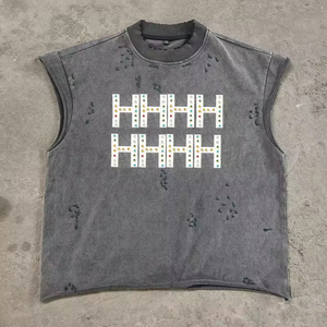SHY SPORTS Custom Screen Print Rhinestone Tank <b>Top</b> 100% Cotton <b>Distressed</b> Sun Fade Oversized Tank <b>Top</b> For Streetwear For Unisex - Product Image 3