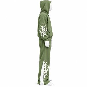 Ensemble survêtement streetwear unisexe personnalisé avec logo imprimé, sweat à capuche vintage uni et pantalon empilé, coupe lourde, délavage acide, en vente - Product Image 3