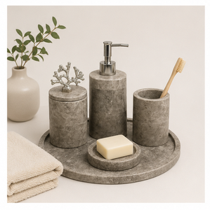 Ensemble d'accessoires de salle de bain en marbre gris naturel 5 pièces, organisateur de comptoir avec distributeur de savon, gobelet et plateau pour hôtels et maisons - Product Image 1