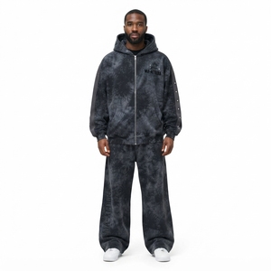 Ensemble survêtement streetwear pour homme, gris anthracite tie-dye, avec sweat à capuche zippé et pantalon large, panneau de manches clouté, personnalisable OEM ODM - Product Image 1