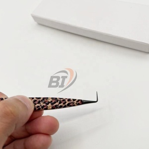 90 Degree Black Plasma Pointed Tip Eyelash Extension Tweezers Leopard Print Custom Logo Hand Tested Fiber Tip Lash Tweezers - Product Image 2