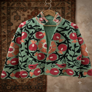 Handmade Sujani Embroidered <b>Velvet</b> Cotton Lining Mandarin Collar Full Sleeve <b>Jacket</b> <b>Women</b> Boho Vintage Floral Autumn Winter - Product Image 5