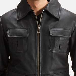 Raven Black Winter Leather <b>Canvas</b> <b>Jacket</b> with Zipper Front Solid Pattern Eco-Friendly Breathable OEM Service - Product Image 4
