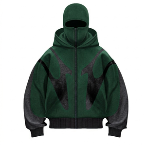 Sweat-shirt à capuche zippé surdimensionné pour homme, rouge et gris, avec blocs de couleur, manches raglan, coupe-vent, design masque cagoule tricoté, hiver - Product Image 5