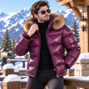 <b>Men's</b> Fashion Leather Puffer <b>Coat</b> Fox Fur Hood Quilted Breathable Casual Plaid Pattern <b>Summer</b> Outdoor Jacket - Product Image 1