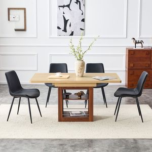 Tavolo da Pranzo Allungabile 59-71 Pollici e Set di 4 Sedie Curve Allargate in PU Artificiale Nero per Uso Domestico - Product Image 1
