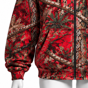 Red Nature Print Full <b>Zip</b> <b>Hoodie</b> Mens Outdoor Hooded Sweatshirt with Drawstring Kangaroo <b>Pockets</b> Casual Winter Streetwear Top - Product Image 5