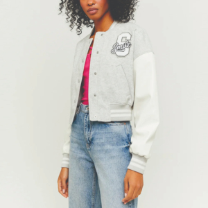 Chaqueta Varsity Corta para Mujer, Gris y Blanca, con Contraste de Color, Manga Larga, Cierre de Botones, Estilo Preppy, Ropa Exterior Informal - Product Image 3