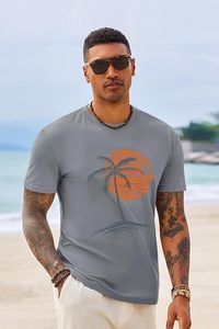 Camiseta de Manga Corta Gris para Hombre con Estampado de Palmeras al Atardecer, Cuello Redondo, Corte Regular Informal, 100% Algodón Jersey Transpirable - Product Image 2