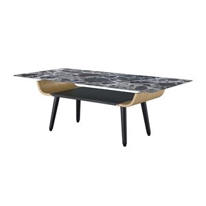 Tavolino da caffè Landon da 47 pollici con design in legno curvato e piano in vetro con texture effetto marmo nero - Product Image 2