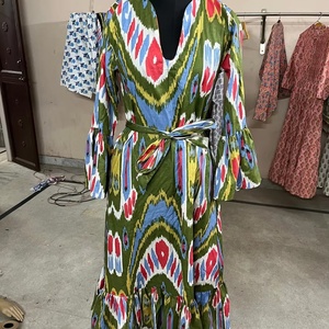 Indian Cotton Ikat Print Maxi Dress with Embroidered Floral Pattern Long Sleeve Casual Summer <b>Boho</b> Dress For Women - Product Image 1