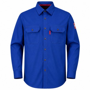 Camisa FR de Manga Larga de Algodón Azul Liso 2026 con Bolsillos en el Pecho, Transpirable, Ajuste Regular, Unisex, Ropa de Trabajo, Cuello Camisero, Serigrafía - Product Image 1