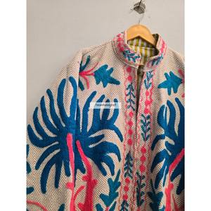 Veste en laine 100% coton, broderie palmier, veste courte faite à la main, veste unisexe pour soirée, veste en tissu Suzani, manteau pour femme - Product Image 2