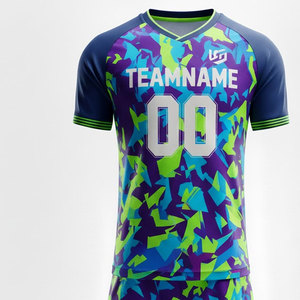 Conjunto de Uniforme de Fútbol Sublimado Personalizado, Azul, Morado y Verde Camuflaje, Cuello en V, Manga Corta, Absorbe la Humedad, Unisex para Adultos - Product Image 4