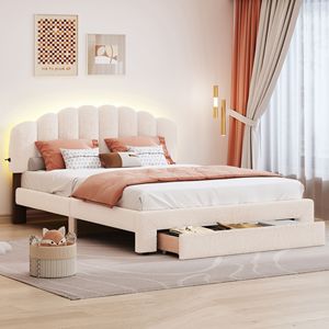 Letto matrimoniale beige imbottito in pile Teddy con cassetto, comodo letto imbottito con piattaforma - Product Image 1