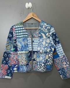 Women Reversible <b>Quilted</b> Cotton <b>Jacket</b> Floral Kantha <b>Pattern</b> Bomber Coat Short Sleeve Winter Summer - Product Image 5