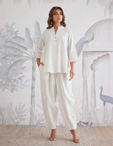 ชุดเซ็ตผ้าฝ้ายสีขาวล้วน แบบลำลอง เหมาะสำหรับฤดูร้อน ชุดสองชิ้นสำหรับผู้หญิง - Product Image 2