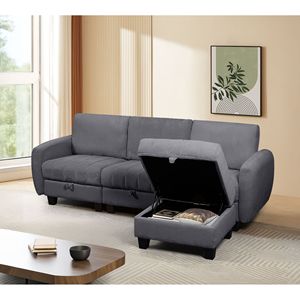 Divano in Velluto a Coste Grigio per Soggiorno con Pouf, Set di Mobili Confortevoli per la Casa - Product Image 2