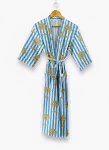 Bata de algodón con estampado de palmeras a rayas de 3 colores diferentes para mujer, ropa de dormir informal de verano de longitud completa, kimono con cuello en V y cordón - Product Image 2