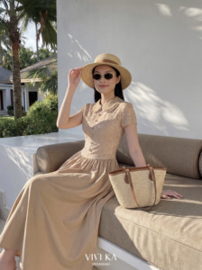 Vestido Midi Beige de Encaje con Cuello Peter Pan para Mujer, Corte Ajustado y Evase, Manga Corta, con Lentejuelas, Estilo Vintage, Transpirable, de Chifón, CINDY - Product Image 6