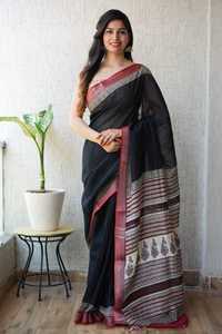 Sari en lin et coton de qualité supérieure avec chemisier en lin, offrant un look traditionnel, élégant et magnifique pour toutes les occasions, festivals ou bureau. - Product Image 2
