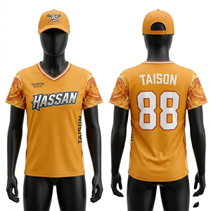 ชุดลาครอสผู้ชายผ้าโพลีเอสเตอร์ตาข่ายพรีเมียม 180 GSM สีเหลืองทอง แขนเสื้อลายวน พร้อมโลโก้แบบซับลิเมชั่นตามสั่ง - Product Image 6