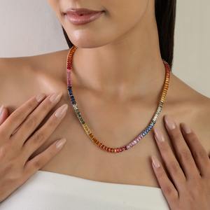 925 Silver Bezel Set Lab Created Emerald Cut Colorful Gemstone <b>Graduated</b> Women's Tennis Chain <b>Necklace</b> for for Ladies - Product Image 2