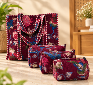 Sac fourre-tout en velours en gros avec ensemble de 3 pochettes matelassées, sac à main en velours imprimé floral et ensemble d'organisateurs de rangement pour cosmétiques - Product Image 3