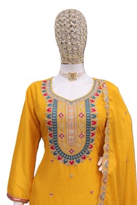 Conjunto de Salwar Kameez Amarillo Bordado para Mujer, Cuello Redondo, Corte Holgado, Largo Completo, Elegante, de 2 Piezas, para Primavera/Verano - Product Image 3