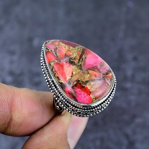 Anillo de declaración vintage hecho a mano con gema de cobre rosa en forma de pera con corte esmeralda, engaste de canal, chapado en plata 925, para citas y bodas - Product Image 1