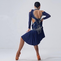 Robe de danse latine, Costumes de compétition, jupe, robes de spectacle, strass, taille personnalisée, robe bleu foncé, à vendre, L-2045