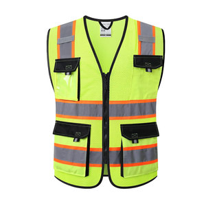 Chaleco de seguridad reflectante de alta visibilidad, malla unisex con bolsillos, cierre de cremallera, rayas amarillas, naranjas y grises, ropa de trabajo - Product Image 1