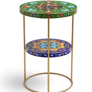Table d'appoint ronde artisanale avec incrustations en os et structure métallique – Table d'appoint décorative à deux niveaux multicolore pour salon et chambre - Product Image 4