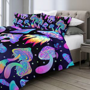 Parure de lit 3D motif champignon – 3 pièces, taille double, motif noir coloré, douce et confortable, ensemble de literie décoratif à motif de dessin animé - Product Image 2
