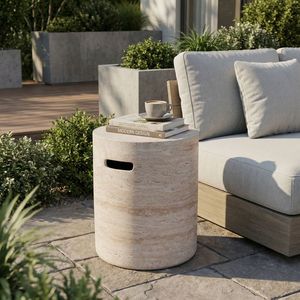 Lightweight Indoor/Outdoor Concrete <b>Side</b> <b>Table</b> with <b>Side</b> Handles <b>Travertine</b> Finish - Product Image 1
