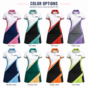 ชุดเสื้อโปโลและกระโปรงกอล์ฟสำหรับผู้หญิง MEGAMAPLE สีเขียว ขาว ทอง ลายพิมพ์แบบ Sublimation ระบายอากาศได้ดี แห้งเร็ว ผ้ายืดสแปนเด็กซ์ - Product Image 3