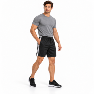 Shorts de sport pour homme, noirs, à séchage rapide, avec bande latérale, taille élastique, cordon de serrage, pour la course à pied et la gym, en mesh - Product Image 4