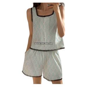 Ensemble pyjama imprimé à la main avec short à bordure dentelle, motif floral sans manches pour femme, collection printemps/été - Product Image 5