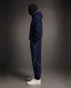 Men's Navy Sweat Suit Pullover Hoodie & Jogger Pants Midweight Contrast Piping Logo Front Custom Streetwear Loose Fit 2XL-6XL - Product Image 6