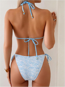 Conjunto de bikini de dos piezas para mujer, estampado floral, top halter, braguita con lazo lateral, traje de baño de spandex y poliéster, sin espalda - Product Image 2
