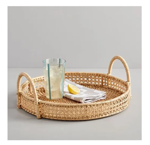 Chic Rattan Serving Storage <b>Tray</b> With Handles For Coffee Snacks <b>Breakfast</b> Farmhouse Cane Serving <b>Tray</b> For Kitchenware Tableware - Product Image 1