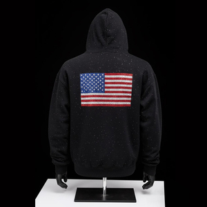 High Quality Unisex 450gsm Fleece High Street Streetwear Hip Hop Acid Wash Rhinestone Breathable Pocket Hoodie Custom <b>Sun</b> Faded - Product Image 5