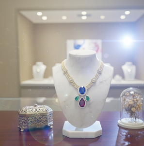 Collar vintage de 16 pulgadas con múltiples piedras preciosas, azul ovalado, verde pera, granate, plata de ley 925, chapado en oro de 18 quilates, a precio de mayorista. - Product Image 4